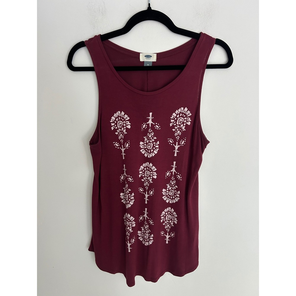 Old Navy Womens Burgundy Floral Graphic Tank Top Maroon Scoop Neck Sleeveless M